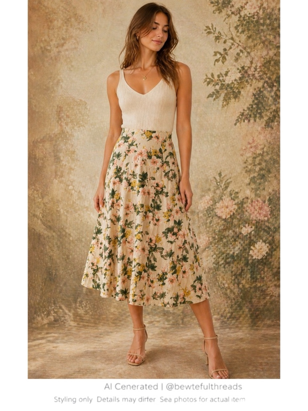 Floral Linen Blend Midi Skirt Cottagecore Romantic A-Line